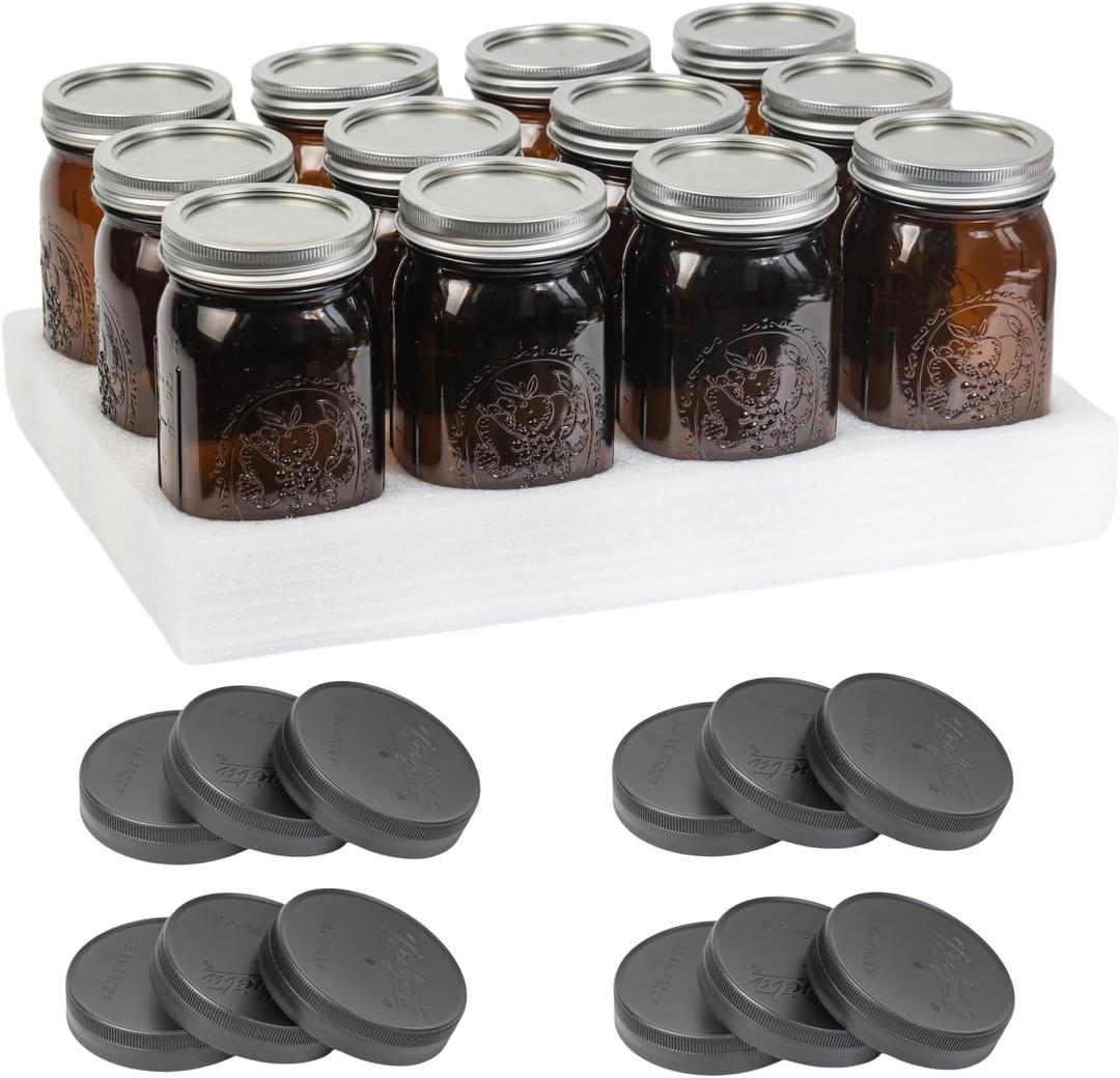 12 Pack 32 oz Amber Wide Mouth Mason Jars with Airtight Lids and Black Plastic Mason Jar Lids, Amber Canning Jars with Lids