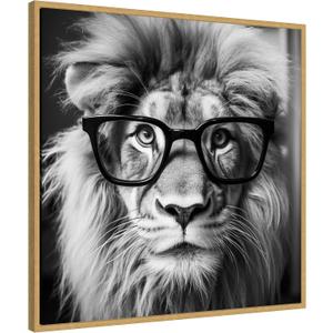 Kate and Laurel Sylvie Black and White Lion in Reading Glasses Framed Canvas Wall Art by The Creative Bunch Studio 30 x 30 Gold, Whimsical, Animals, Humor Art for Wall Decor, Living Room, Bedroom