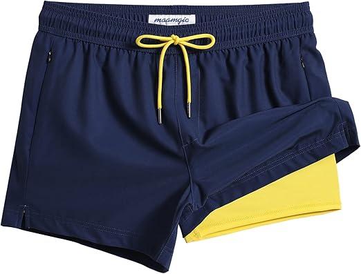 maamgic Mens Swim Trunks with Compression Liner Short Stretch Mens Bathing Suit Quick Dry Swimming Trunks Swimsuit (Navy Blue Yellow, Large)