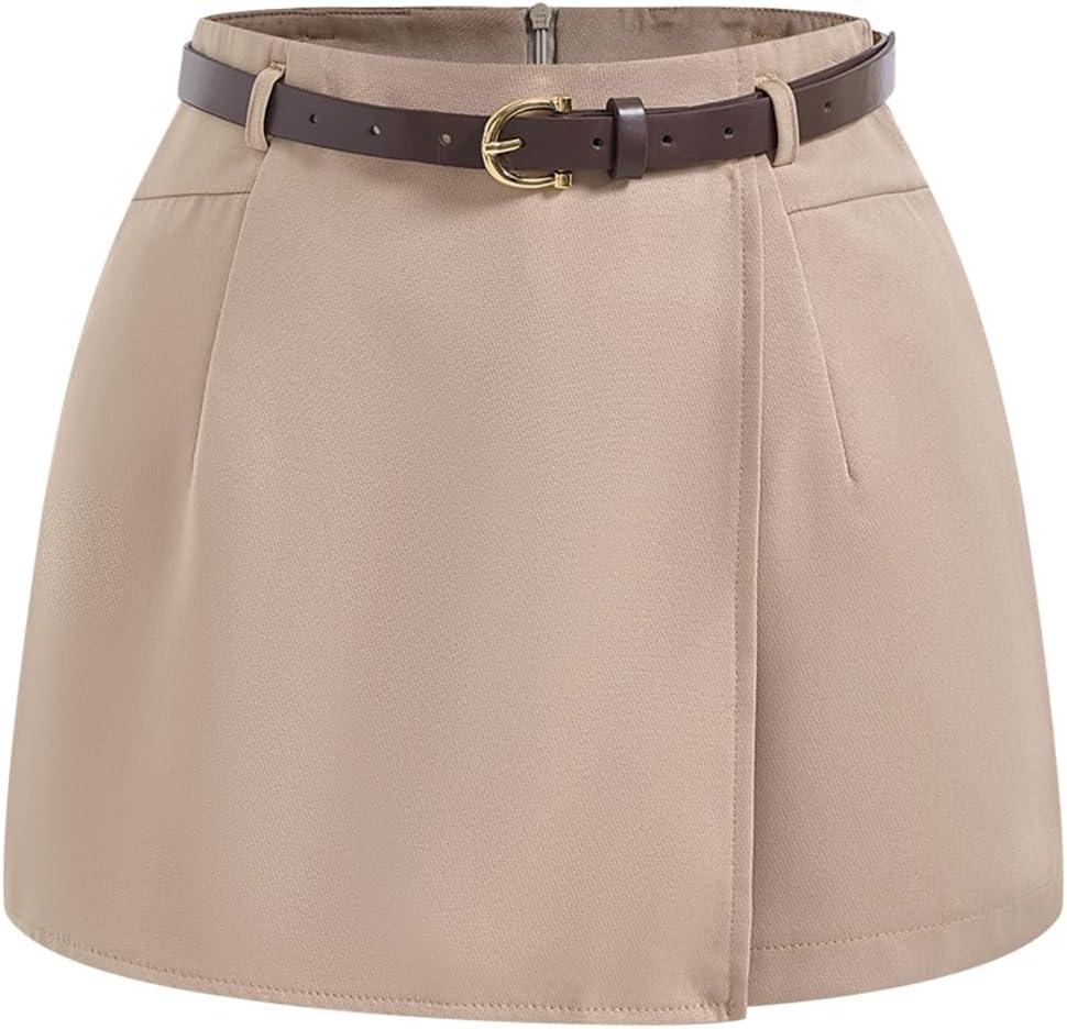 Women's Wrap Wide Leg Tailored Shorts Belted High Waisted Dressy Casual Skort (Beige, L)