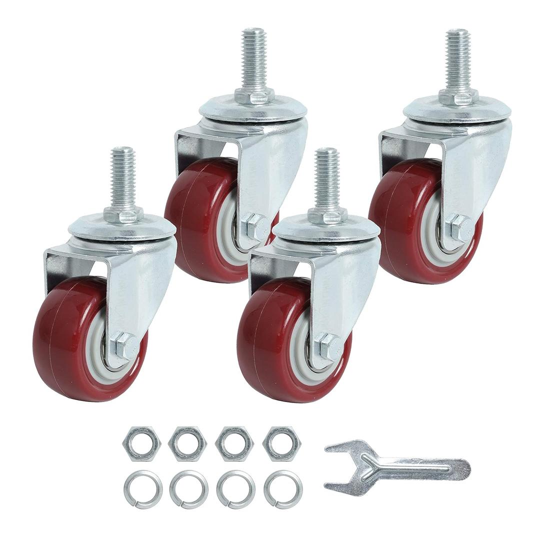 Finnhomy Swivel Caster Wheels 2 Inch Heavy Duty Threaded Stem Casters 3/8"-16x1 Set of 4 Premium Polyurethane Wheels PU Load Bearing 800 Lbs Anti-wear Smooth Casters, Red
