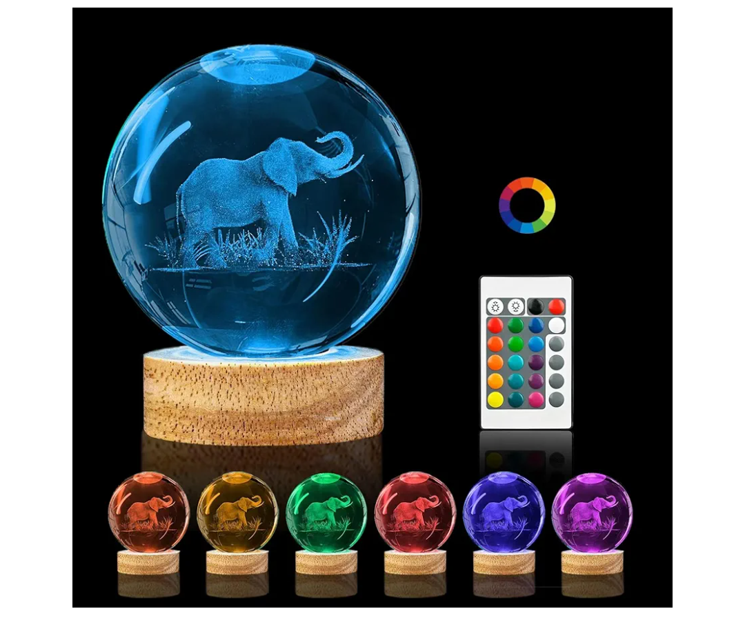3D Elephant Crystal Ball Night Light, 3.15in K9 Lamp with 16 Colors Change, Wooden Base and Remote Control Decor Gifts for Women Kids