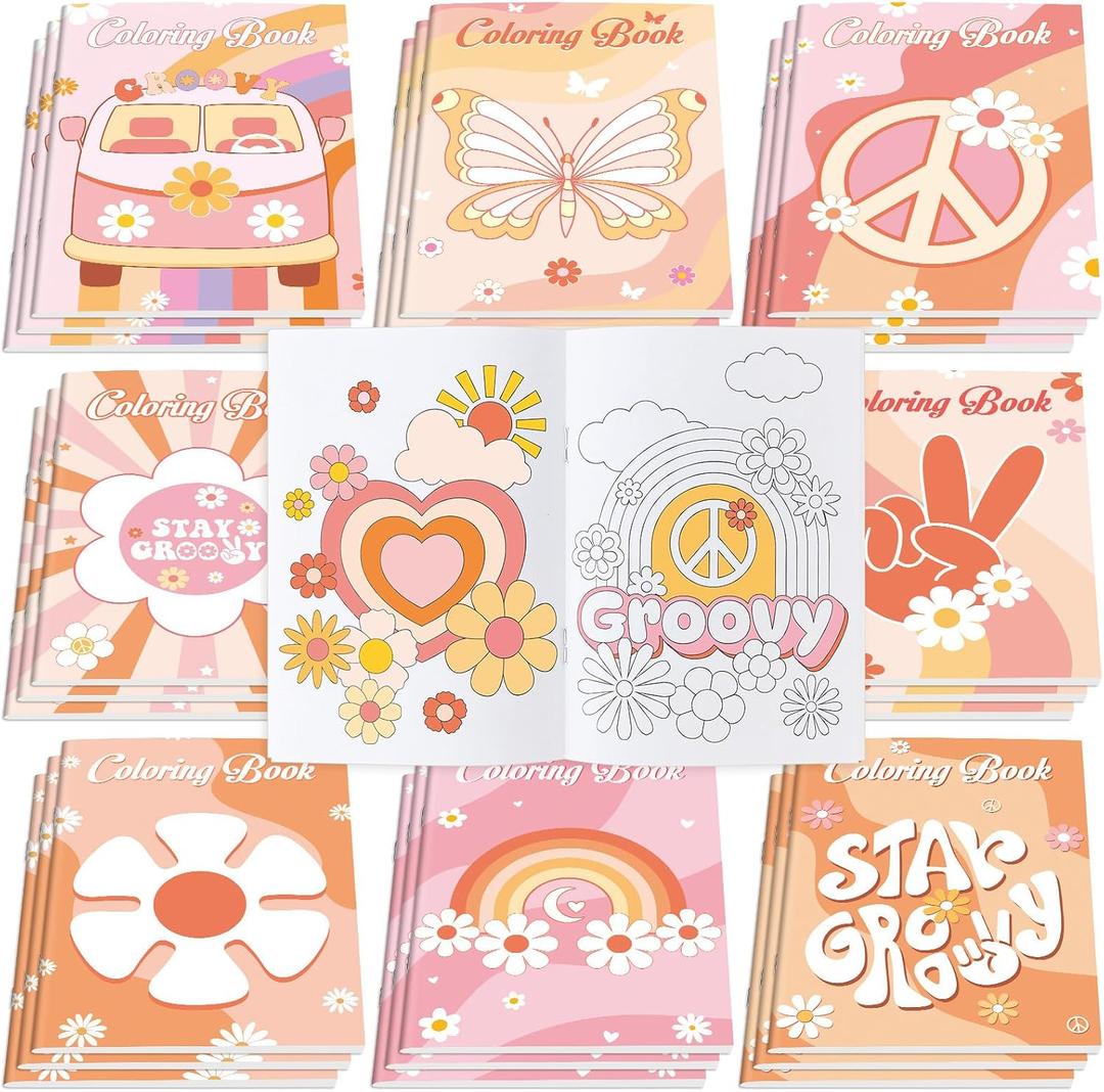 Honoson 24 Pcs Hippie Boho Coloring Books Kids Stay Groovy Drawing Book Peace Sign Mini Coloring Books Daisy Rainbow Hippie Bus Activity Book for Retro Boho Two Groovy Birthday Party Supplies Favors