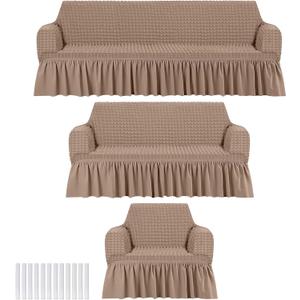 Fanfanwin 3 Pcs Sofa Slipcover Set for Couch Cushion Durable Washable High Elastic Stretchable Furniture Couch Covers with Skirt for Sofa Loveseat Arm Chair(Khaki, Seersucker) 12.4"D x 11.02"W x 7.48"H