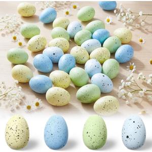 Beeveer 60 Pcs Pastel Easter Speckled Eggs 2.4 in Plastic Speckled Eggs with Pulp Cartons Vase Filler Bowl Basket for DIY Spring Easter Rustic Decor DIY Game Kitchen Craft Adornment(Bright Colors)