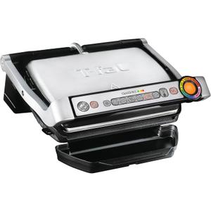 T-Fal OptiGrill Stainless Steel Electric Grill, 4 Servings, 6 Automatic Cooking Modes, Intelligent Grilling, Rare to Well-Done, Panini Press, Nonstick Removable Plates, Indoor, Silver