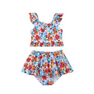 Saeaby Girls Two Piece Swimsuit Tankini Bathing Suit for Little Girl Adjustable Straps Ruffled Kids Swimwear Blue Floral Bikinis Swimsuits Girl 4-5T