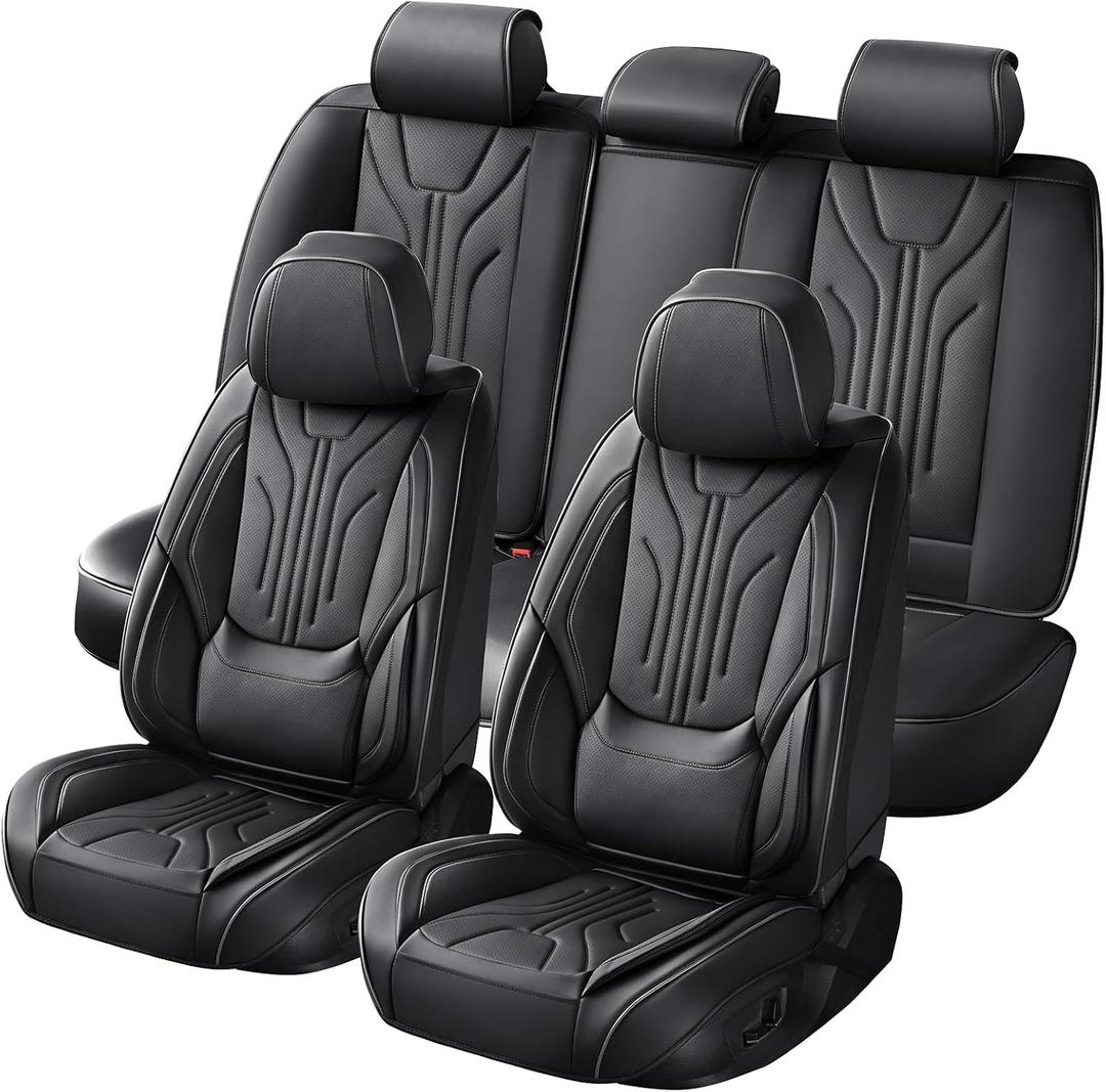 Car Seat Covers Full Set, Universal Fit Faux Leather Cushion Protector, Waterproof Non-Slip Automotive Interior Accessories for Sedans, SUVs, Trucks(Black Full Set)