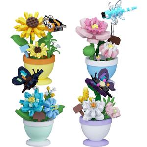 Set of 4 Mini Flower Bonsai with Cute Insects - DIY Potted Plant Building Blocks for Kids and Adults, Botanical Collection Decor Toy