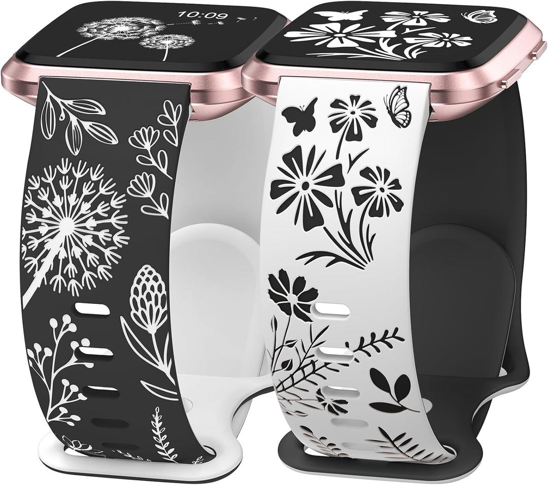 Wearlizer 2 Packs Floral Engraved Band Compatible with Fitbit Versa 2 Bands for Women, Two-Tone Flower Soft Silicone Cute Sport Strap for Versa Lite/SE Smart Watch (Black/White & White/Black)