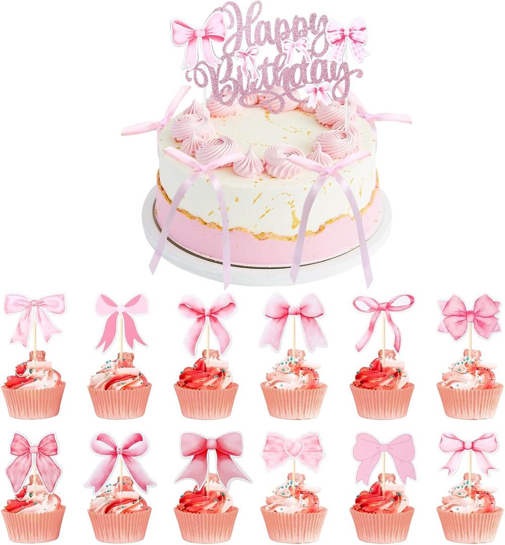 Pink Bowknot Cake Toppers and Picks, 19 PCS Bow Cupcake Toppers Pink Bow Birthday Decorations, Bows Decorations for Baby Shower Birthday Wedding Bachelorette Party Supplies