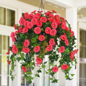 Waipfaru Artificial Fake Hanging Flowers for Outdoors, Hanging Baskets for Plants Outdoor, Faux Vine Bougainvillea for Urn Fillers Front Porch Patio Outside Summer Decor (Red)
