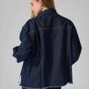 roswear Women's Denim Jacket Oversized Long Sleeve Shacket Shirts Distressed Jean Jackets Fall Outfits (Medium, Navy Blue)