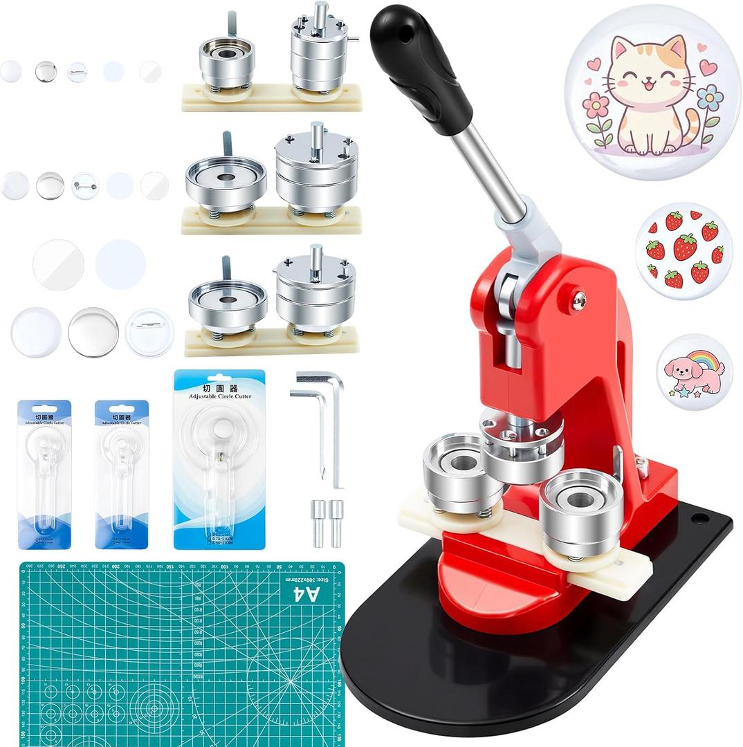 Lounsweer 1 Inch+1.25 Inch+2.25 Inch Button Maker Machine Multiple Sizes Pin Maker Interchangeable Button Models Badge Metal Press Machine with 300 Sets Supplies &Circle Cutter&Cutting Mat