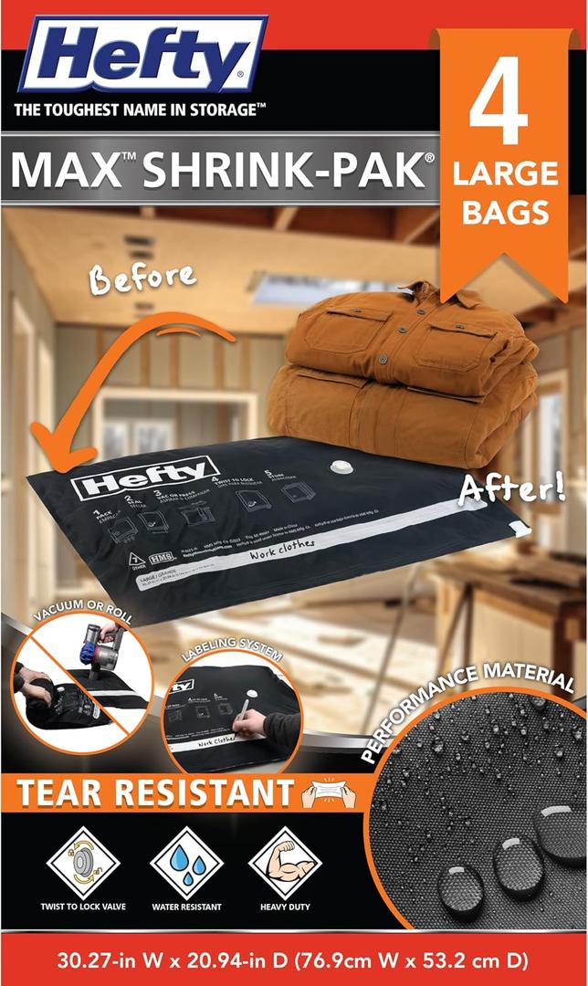 Hefty MAX Shrink-Pak Vacuum Seal Storage Bags for Clothing, Travel, Bedding | Tear & Water Resistant, Dual-Valve Space Saver Compression Bags - Large, 4-Pack