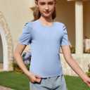 ZDC Girls Puff Short Sleeve T Shirts Kids Summer Ribbed Knit Tops Crewneck Slim Fit Workout Tee, 140 (Blue)