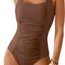 Women's One Piece Tummy Control Swimsuit Ruched Slimming Bathing Suit Color Block Swimwear (XX-Large, Brown)
