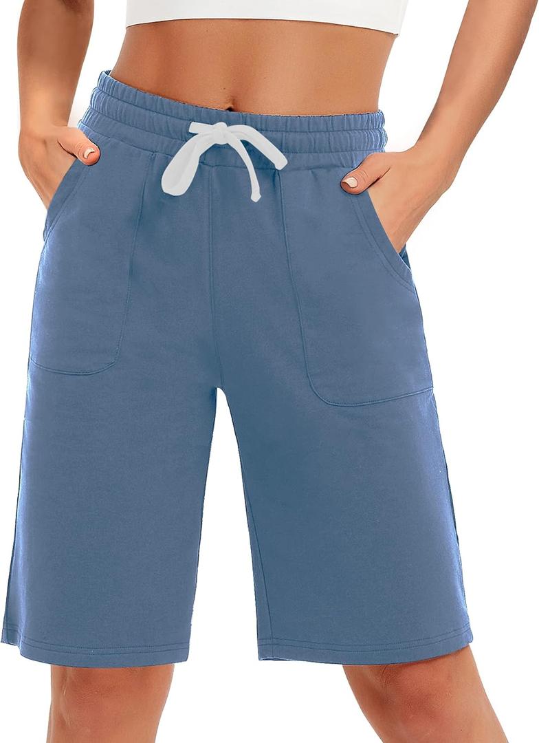 SPECIALMAGIC Cotton Sweat Shorts with Pockets for Women 10" Athletic Lounge Sports Workout Bermuda Knee Shorts (Blue)