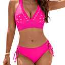 Blooming Jelly Women's Bikini Set Two Piece Swimsuit Modest Bathing Suit Petal Hollow V Neck Top String Mid Rise Bottom Swimming Suit (Hot Pink, Small)