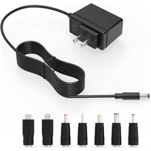 5V 2A Universal Power Adapter with Multi-Tips, DC 5.52.1mm Charger with 7 Plug Adapters for Speaker, Router, Camera, LED Lights & Small Electronics, 5 Volt 2 Amp DC/5V Replacement