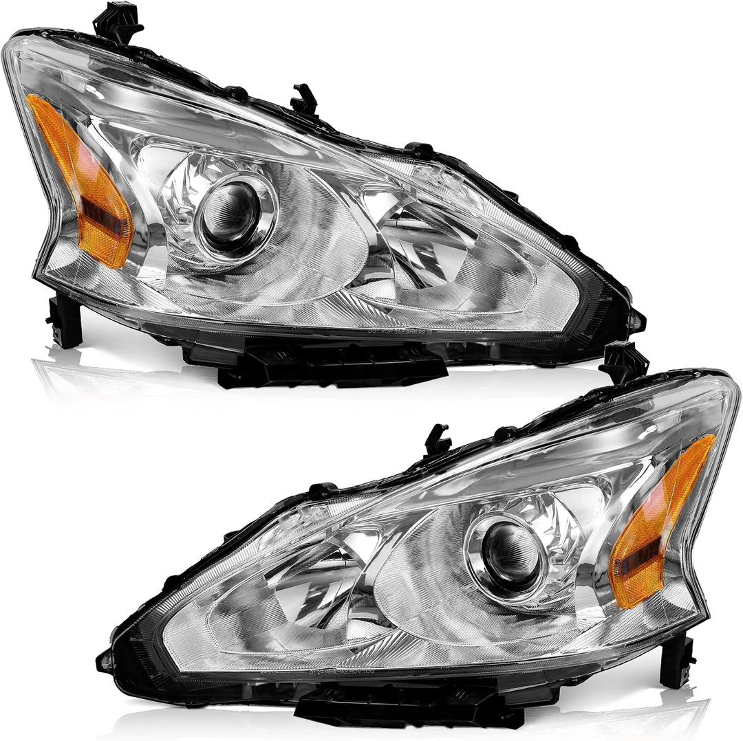 WEELMOTO Halogen Headlights for 2013-2015 Altima 4Dr Sedan Headlight Assembly Pair Replacement for 13 14 15 Altima Chrome Housing Amber Reflector (DOES NOT FIT XENON/HID)