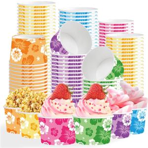 120 Pcs Summer Hibiscus Ice Cream Cups 12 oz Disposable Hawaiian Paper Dessert Snack Bowls Hibiscus Food Yogurt Cup Containers for Hot or Cold Food Soup Candies Summer Beach Birthday Party Supplies