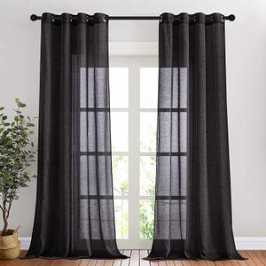 NICETOWN Black Curtains Linen Sheer Textured, Grommet Semi Sheer Linen Blend Bedroom Curtains Privacy with Light Through Window Treatment for Boys Room/Office, W52 x L90, 2 Pieces