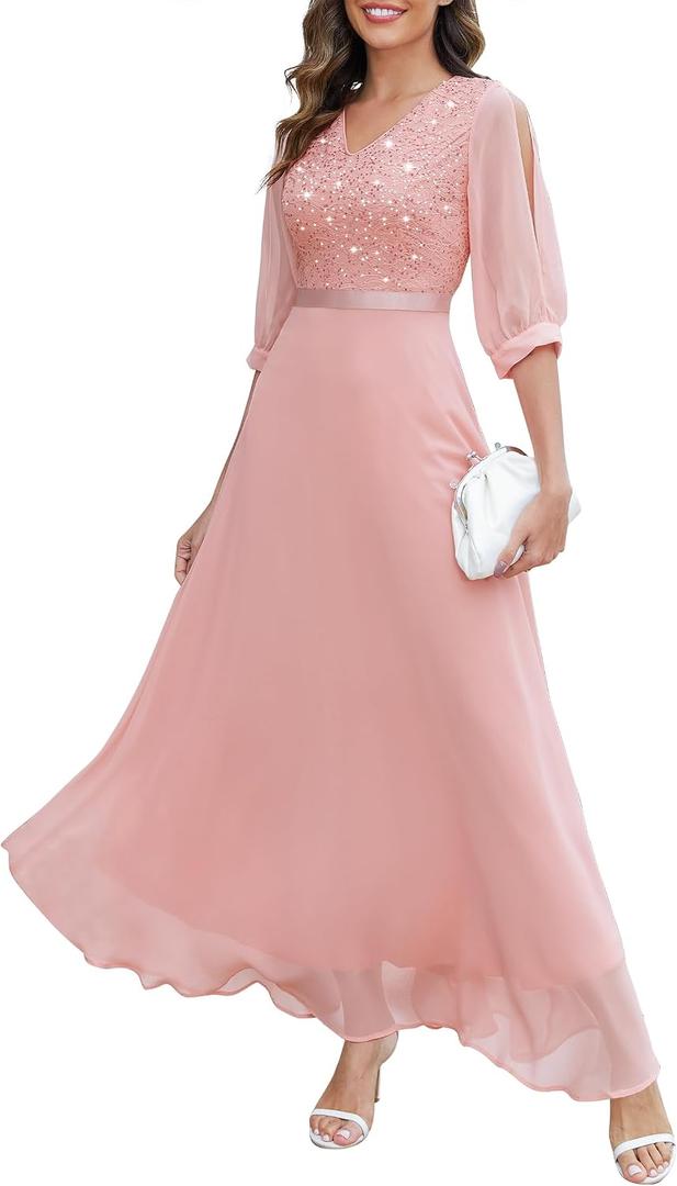 Wedtrend Women's Sequin Dresses Sparkly Glitter Dress Split Sleeves Formal Dresses Maxi Evening Dress (Pink, L)