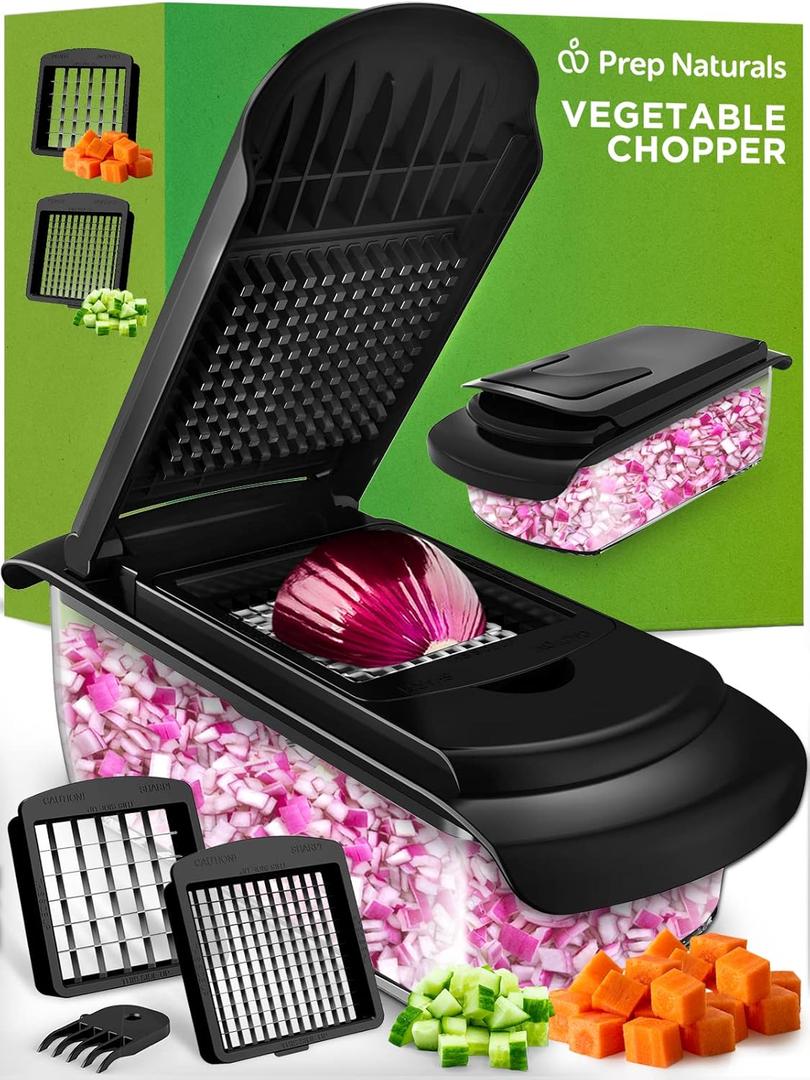PrepNaturals Vegetable Chopper with Container, Veggie Chopper, Food Chopper & Onion Chopper - Mandoline Slicer for Kitchen (4 in 1, Black)