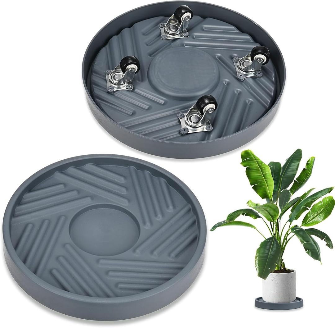 M METERXITY 2PCS Round Planter Caddies, 10 Inches Plastic Plant Roller with Wheel, Plant Saucers for Indoors, Plant Stand for Flower Pots [Gray]