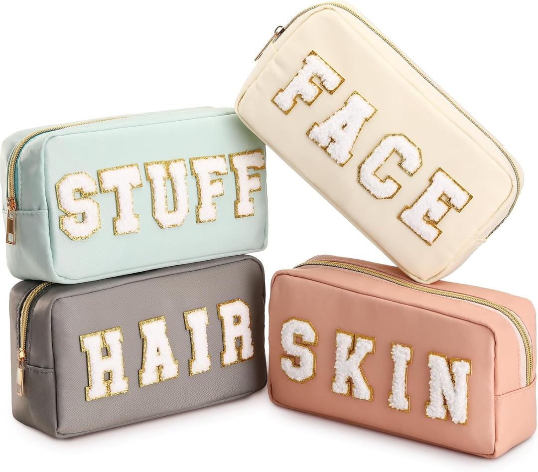 4 Pcs Preppy Makeup Bags Chenille Letter Stuff Bag Nylon Cosmetic Pouch Cases with Zipper for Women Travel Toiletry
