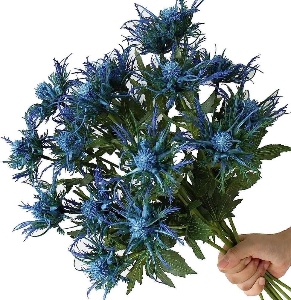 Fermus 8 Stems Artificial Thistle Flowers 8 Branch Real Touch Blue Thistle Decor 26 Inch Real Size Rustic Spray Eryngium Sea Holly for Wedding Bouquet Centerpiece