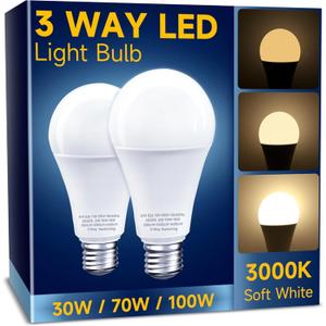 UNILAMP 3 Way LED Light Bulbs, Dimmable A19, E26 Base, Warm White 3000K, 30/70/100W Equivalent, 2 Pack for Bedroom, Kitchen, Living Room
