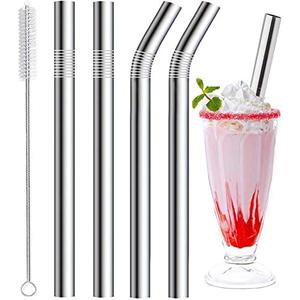 Vinaco Stainless Steel Smoothie Straws, 0.4'' Extra Wide Reusable Metal Drinking Straws for Milkshake, Smoothie, Beverage, Set of 4 with 1 Cleaning Brush (Silver)