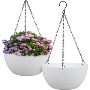 12 inch Large Hanging Planters for Indoor Outdoor Plants, 2 Pack Hanging Flower Pots with Drainage Holes and Chain for Garden Porch, Plastic Hanging Baskets for House Plants, White