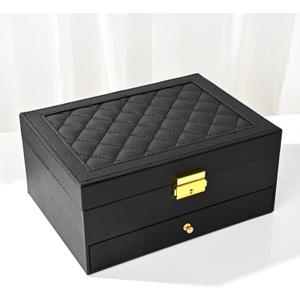 Jewelry Box for Women Girl Wife - Large PU Leather Jewelry Organizer Storage Case with Two Layers Display for Earrings Bracelets Rings Watches (Black)