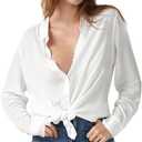 Womens Button Down Shirt Long Sleeve Button Up Shirt Ladies Work Blouses Loose Fit Tops (White, L)