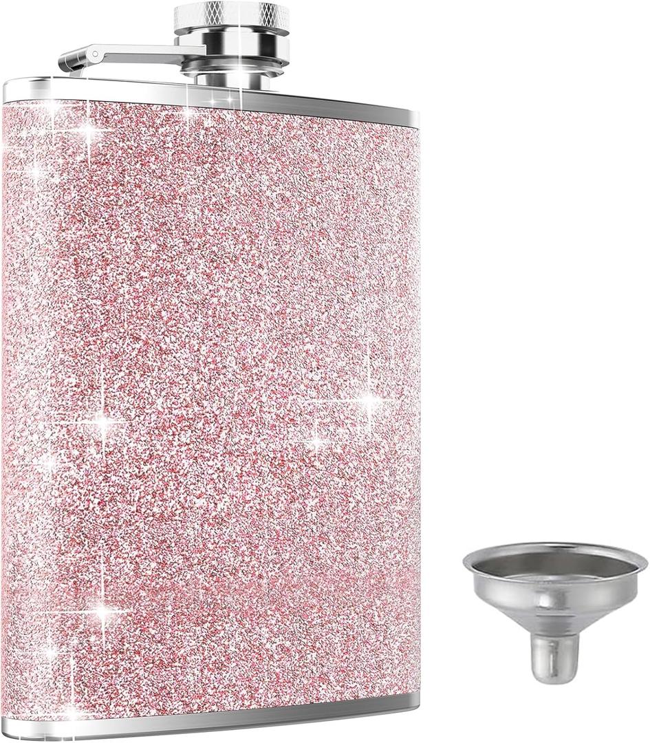 Hip Flask, KIKISML 8Oz Flasks for Liquor Stainless Steel Spirit with Never-Lose Cap and Funnel Leakproof Thin Portable Metal for Camping Outdoor Activitie Wedding Party Gift, Pink (Rose Gold)