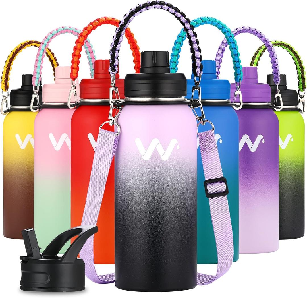 WEREWOLVES 24 oz Insulated Water Bottle With Paracord Handles & Strap & Straw Lid & Spout Lid, Reusable Wide Mouth Vacuum Stainless Steel Water Bottle for Adults (New-Summer Orange, 24 oz)