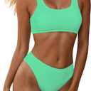 YIMISAN Women's Ribbed Two Piece Bikini Sets Wide Shoulder Strap Top Swimsuit with Mid Waist Cheeky Bathing Suit (Medium, Lake Green)