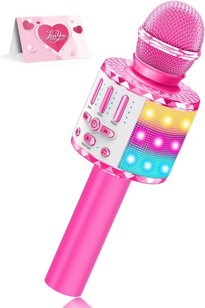 Karaoke Microphone Toys for Kids, Wireless Bluetooth Mic with Lights & Speaker, Portable Home KTV Player System, Perfect Birthday Party for 3-12 Year Old Boys & Girls (Pink)