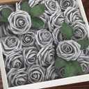 Artificial Flowers 25pcs Real Looking Fake Roses with Stems for DIY Wedding Bouquets Baby Shower Centerpieces Floral Arrangements Party Tables Home Decorations (Grey)