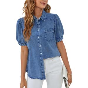 BMJL Womens Denim Shirt Business Casual Button Down Work Blouses Puff Sleeve Summer Tops S