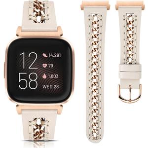Minyee Leather Band Compatible with Fitbit Versa 2/Fitbit Versa/Versa Lite Bands Women, Dressy Premium Leather Designer Strap with Stainless Steel Metal Chain for Versa 2 Smartwatch Accessories (Starlight/Rose Gold)