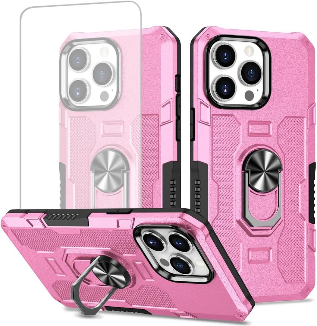 Case for iPhone 12 Pro Max Case with Tempered Glass Screen Protector, Heavy Duty Protection with Metal Ring Magnetic Kickstand Phone Cover for iPhone 12 Pro Max Pink