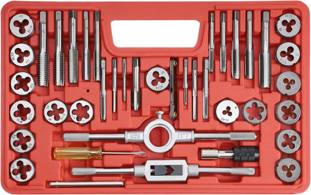 Anfrere 40pcs SAE Tap and Die Set, SAE Standard Rethreading Tool Kit, Coarse and Fine Threads for Cutting External and Internal Threads, Essential Repair Tool Kit with Thread Wrench