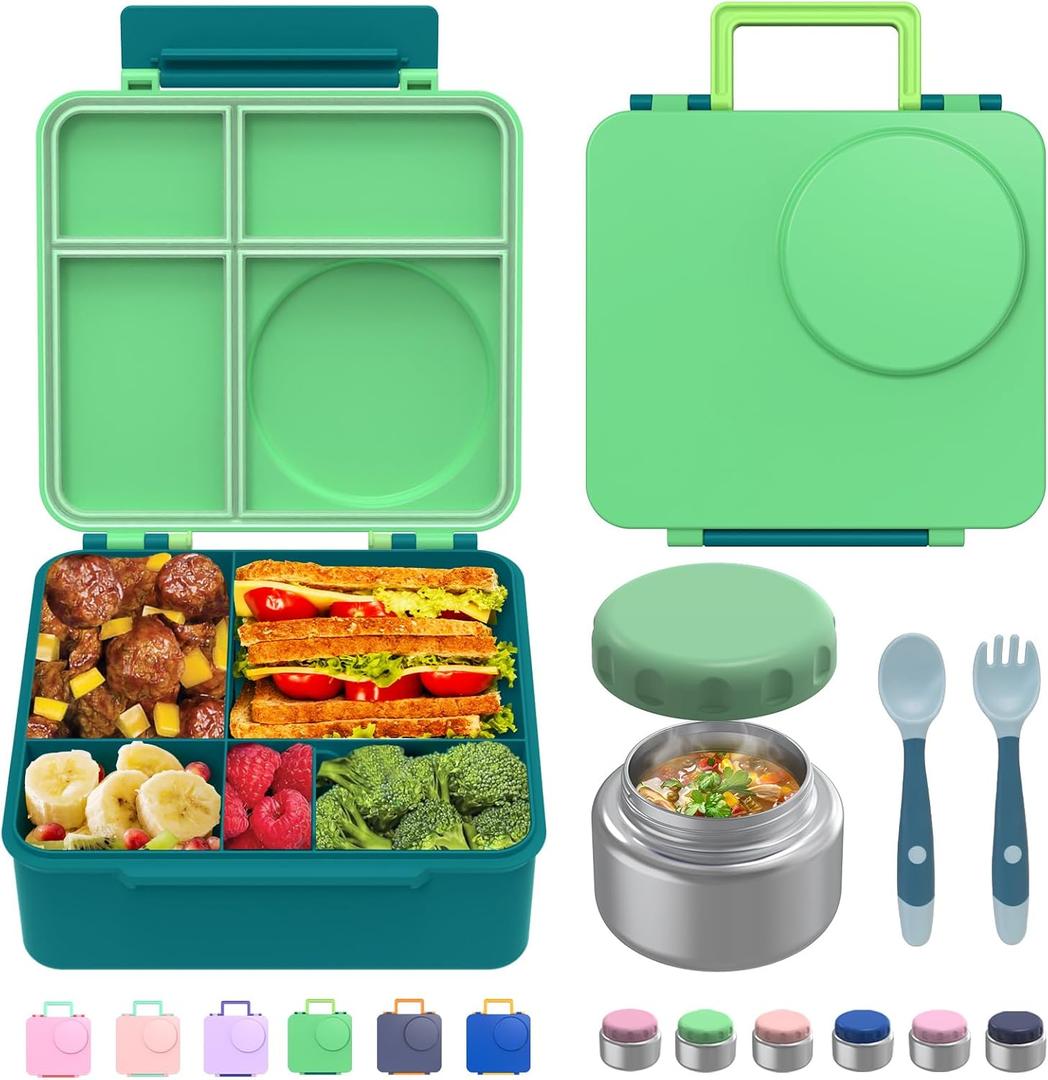 Bento Box for Kids - Leak-Proof Bento Lunch Box with Insulated Thermos Food Jar - 4 Compartments, 1 Removable Divider, 1Spoon, 1 Fork - Dishwasher Safe, BPA-Free (Green)