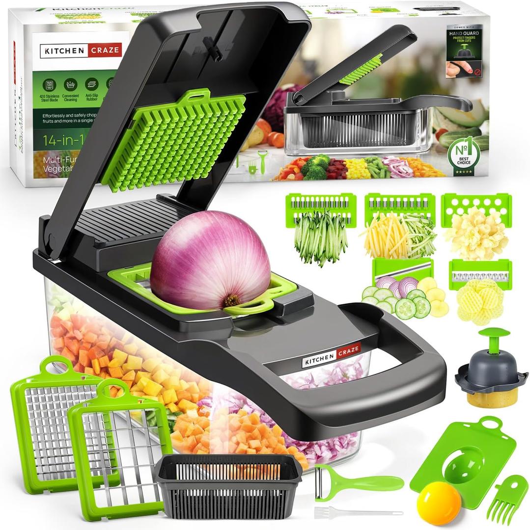 Heavy-Duty Vegetable Chopper | 14-IN-1 | Super-Sharp, Ultra-Hardened & Never-Rust Blades | Military-Grade, Chemical-Free & Non-Toxic Materials Construction