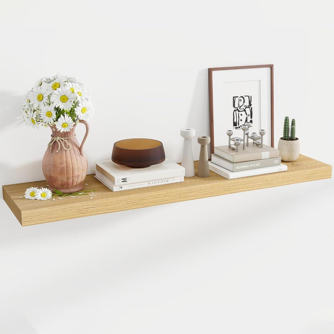 Acovy 48 Inch Floating Shelves, 12 Inch Deep Floating Shelves for Wall, Large Floating Shelf with Invisible Brackets, Deep Shelves for Bathroom, Bedroom, Living Room, 1 Pack, Natural