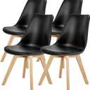 OLIXIS Modern Dining Chairs Set of 4, Plastic Kitchen Chairs with Wood Legs, Lightweight Side Chair, Wood Legs, Backrest, Pu Leather, Armless, Living Room, Bedroom, Apartment, Black